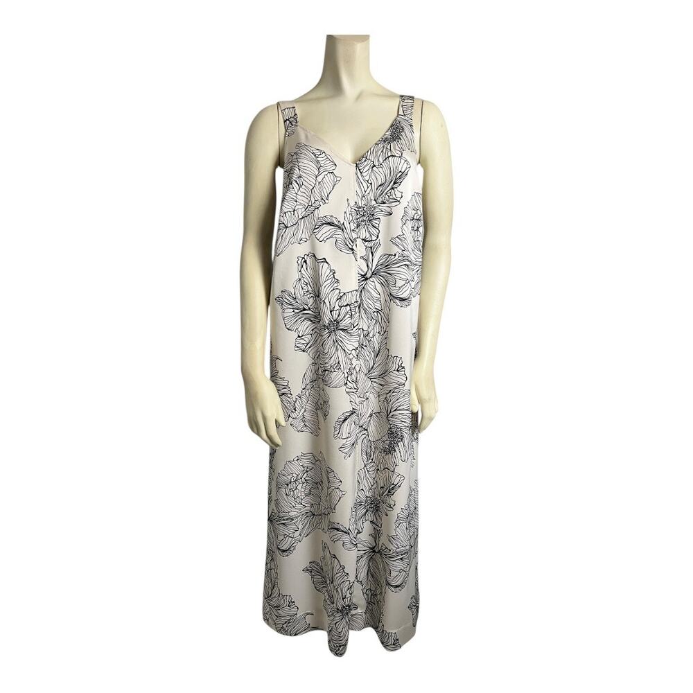 H&M Floral Sleeveless Slip A-Line Dress Cream/Black Womens Minimalist Bohemian